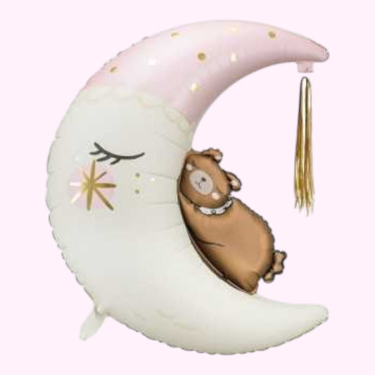 PartyDeco Folienballon – Mond mit Bär Rosa (80 × 98 cm)