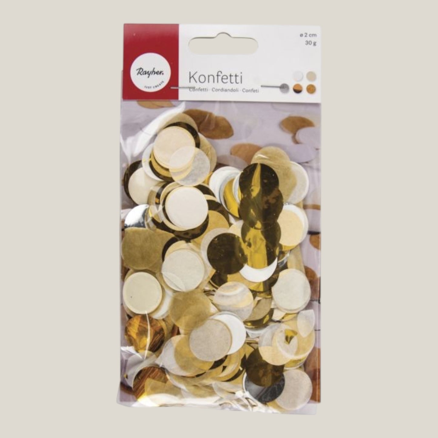 Rayher confetti, 2cm ø
silver, gold, white, cream, 30g