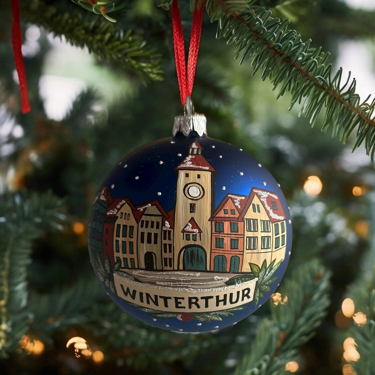 Weihnachtskugel «Winterthur», dunkelblau, mundgeblasenes Glas, handbemalt