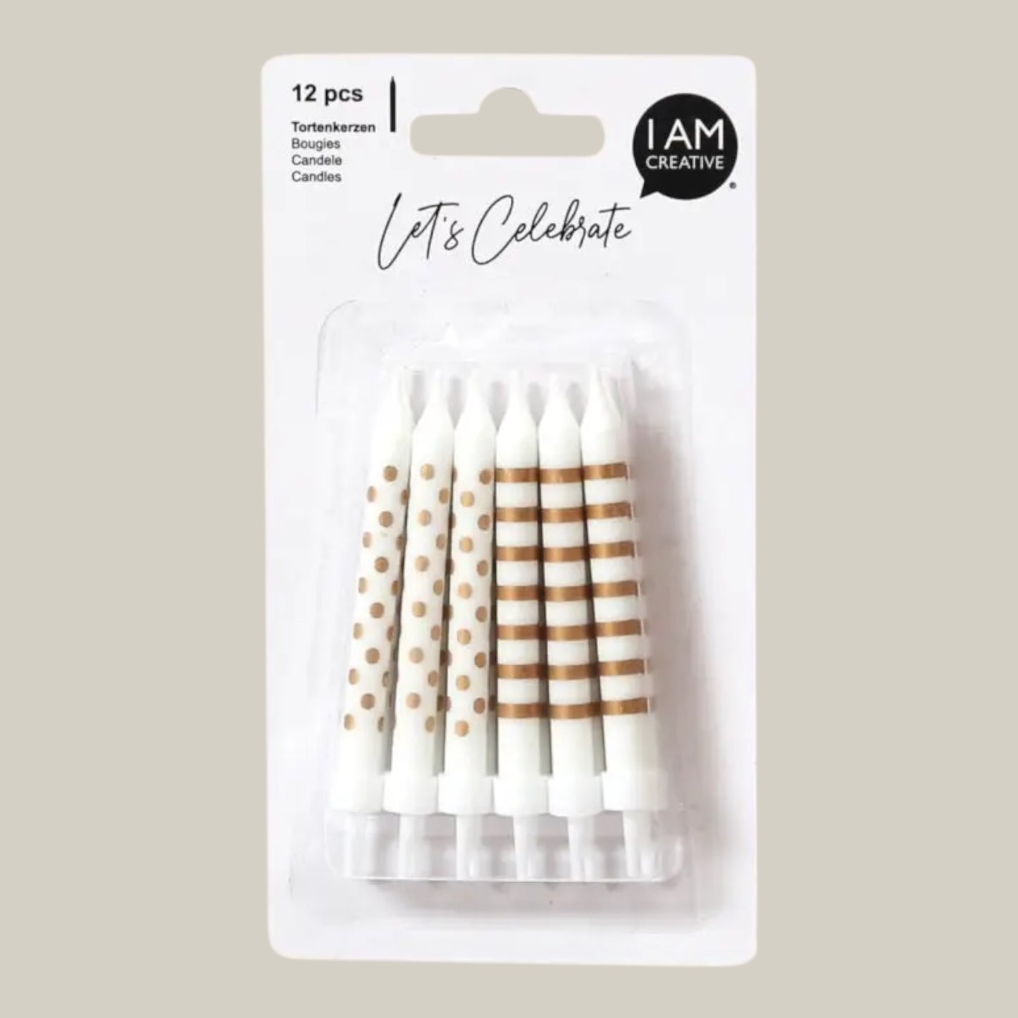 Cake Candles White / Gold, 12 pieces, 7 x 80mm