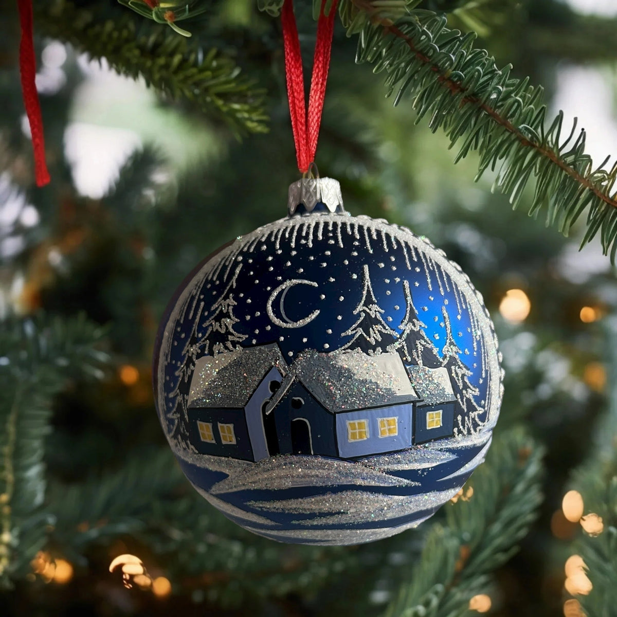Weihnachtskugel «Winterabend», dunkelblau, mundgeblasenes Glas, handbemalt