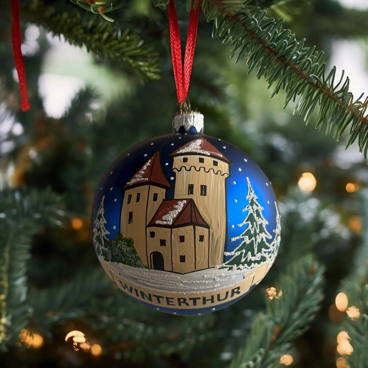 Weihnachtskugel «Winterthur Schloss», dunkelblau, mundgeblasenes Glas, handbemalt