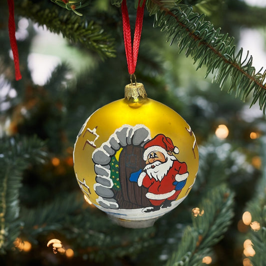 Christmas balls Santa in front of the door
