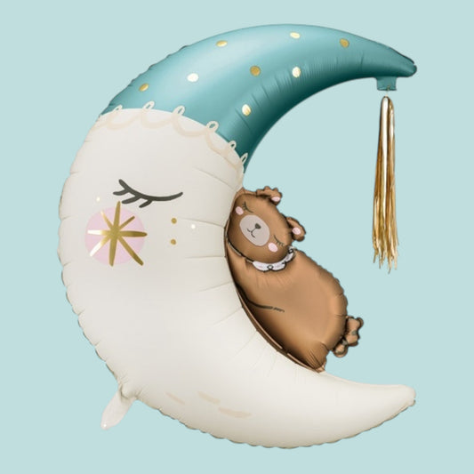 PartyDeco Folienballon – Mond mit Bär Blau (80 × 98 cm)