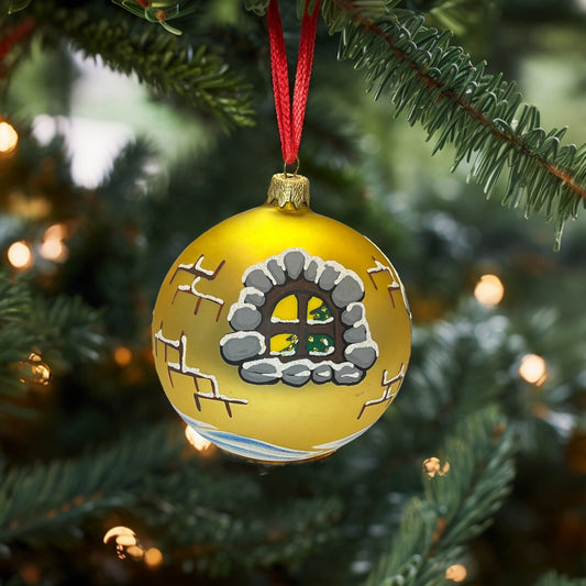 Christmas balls Santa in front of the door