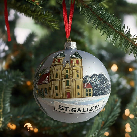 Weihnachtskugel «St. Gallen», hellblau, mundgeblasenes Glas, handbemalt