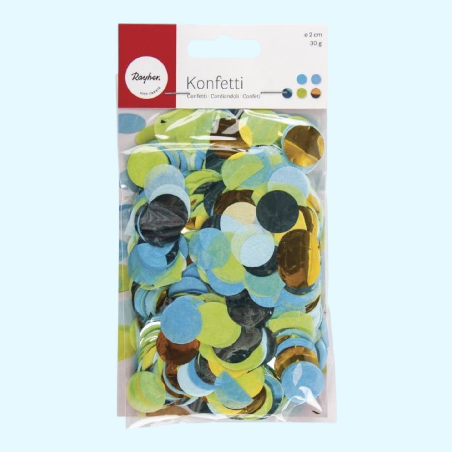 Rayher confetti, 2cm ø gold, blue, green, 30g