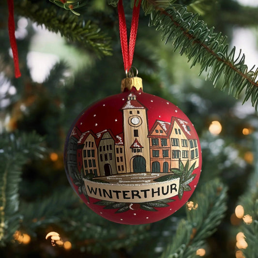 Weihnachtskugel «Winterthur», rot, mundgeblasenes Glas, handbemalt