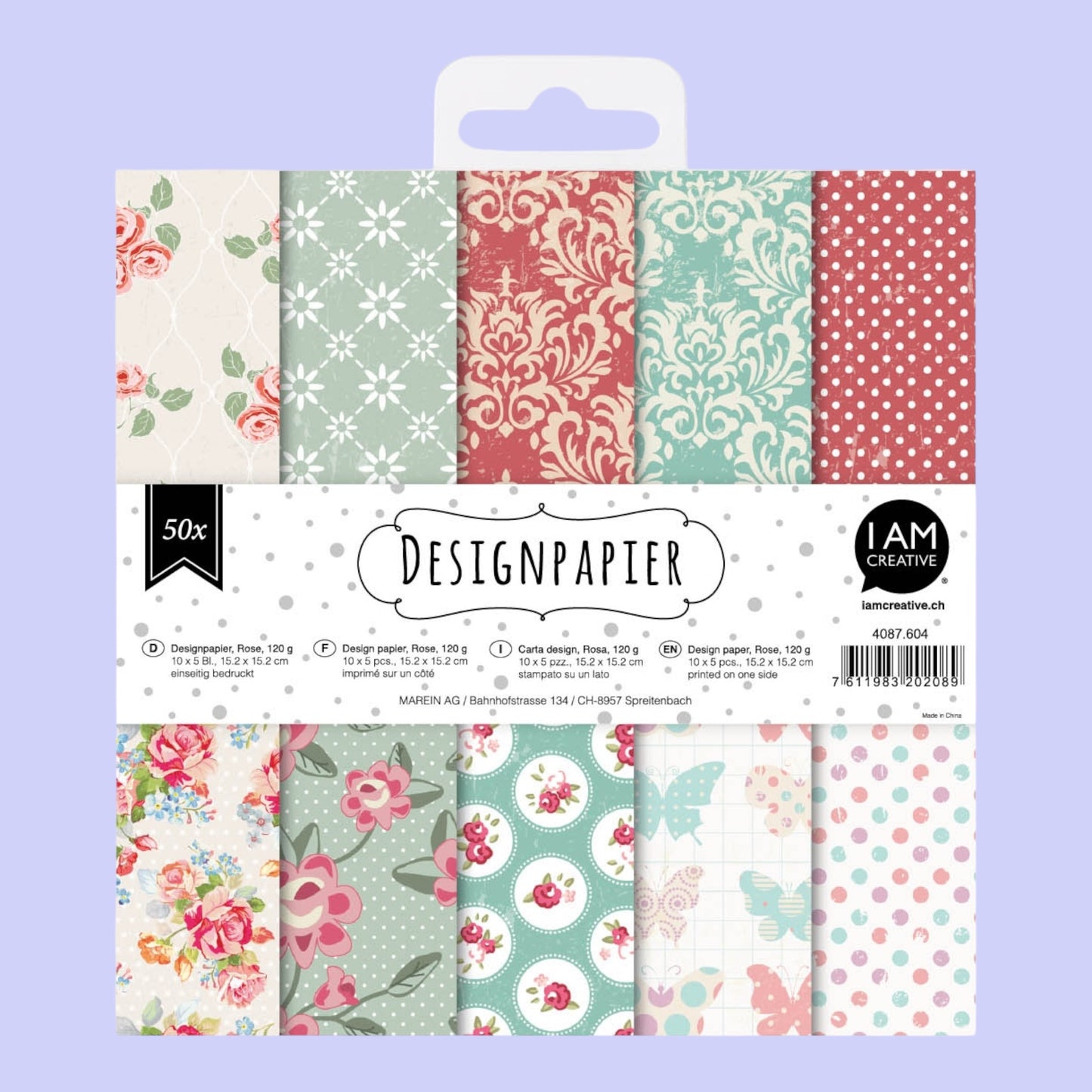 I am creative. Design paper set Rose I 10 designs / 15.2 x 15.2 cm / 50 pieces.