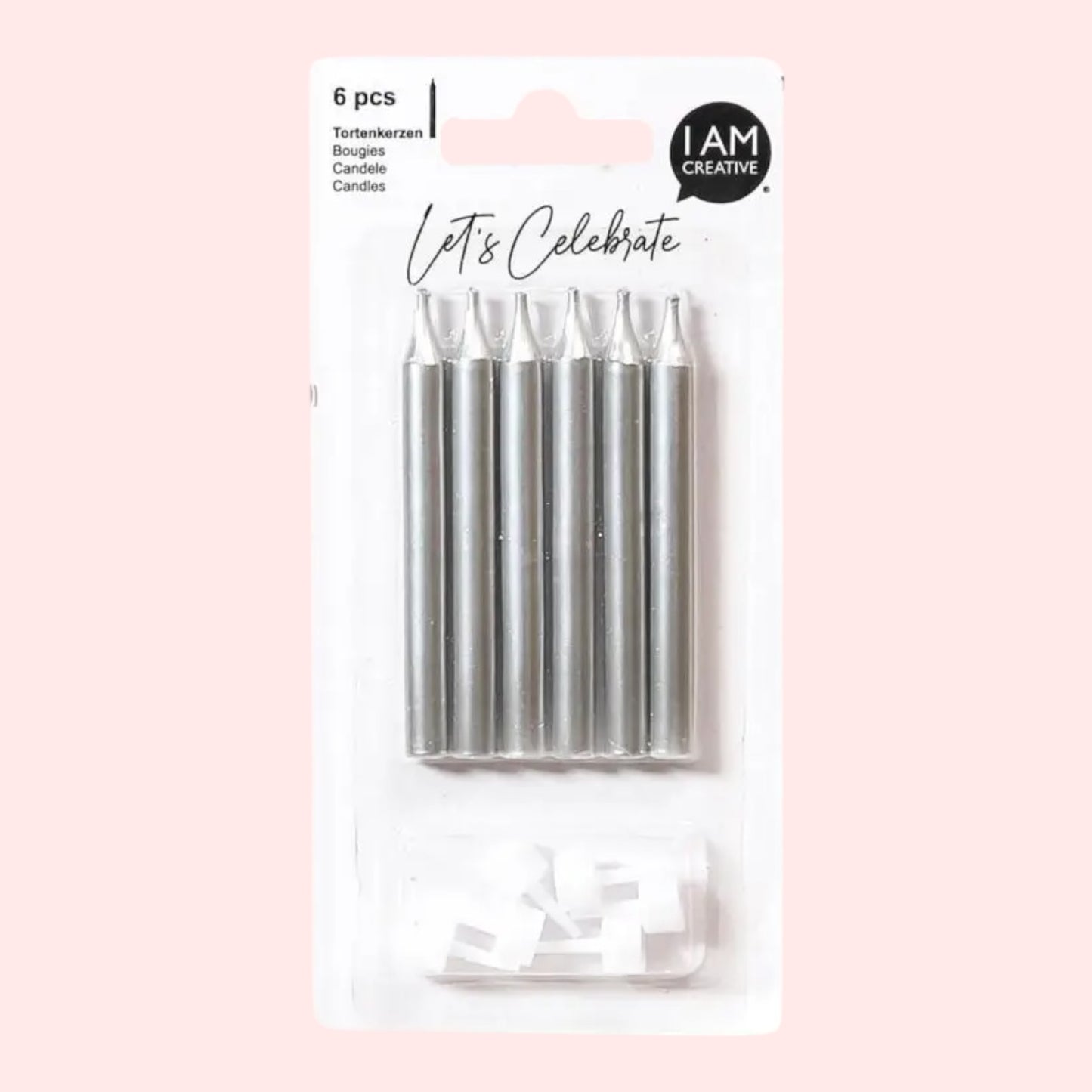 Cake candles silver including holder, 6 pieces, 7 x 80 mm