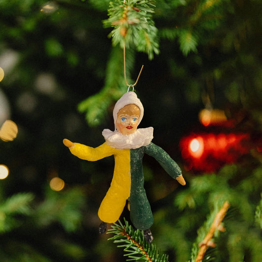 Weihnachtspuppe Clown im gelb-grünen Kostüm