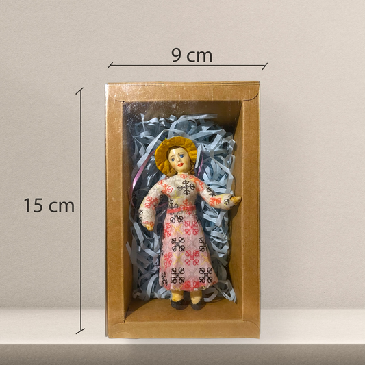 Weihnachtspuppe Frau im gemusterten Kleid