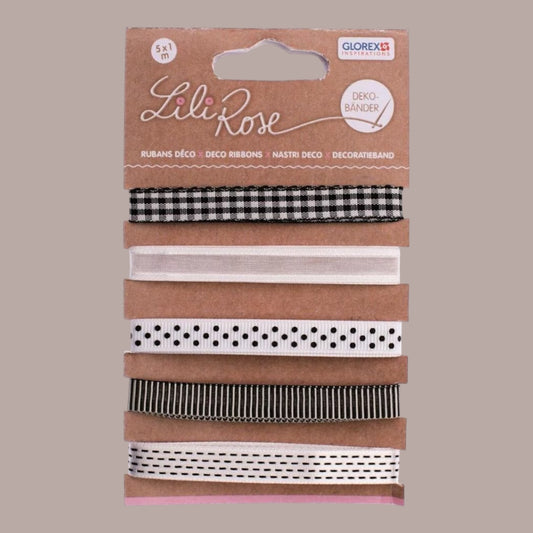 Glorex Deko-Bänder auf Karte 5x100cm Schwarz/Weiss -Töne