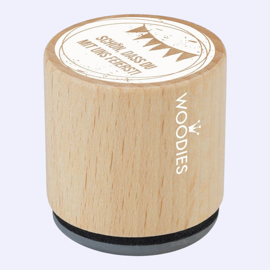 Woodies wooden stamp Nice that you celebrate with us Ø 3 cm
