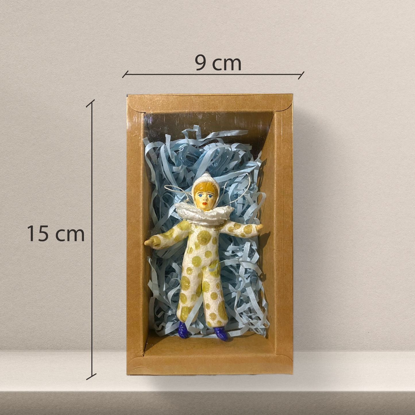 Weihnachtspuppe Clown im gold-punktierten Kostüm