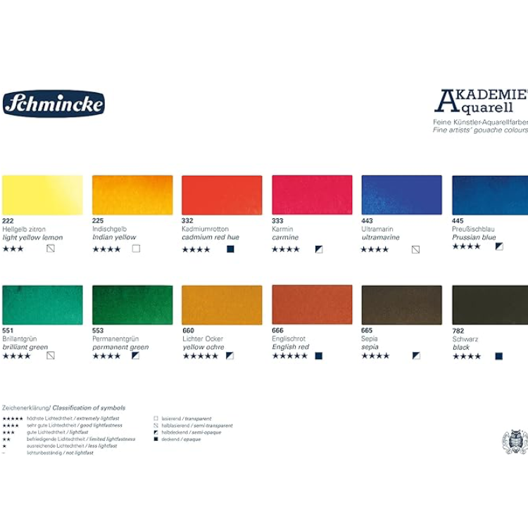 Schmincke Akademie Aquarell Farbkasten, Grundsortiment 12 x 1/2 Näpfchen Special Edition Limitiert 75758