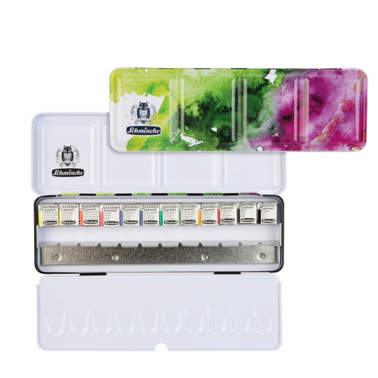 Schmincke Akademie Aquarell Farbkasten, Grundsortiment 12 x 1/2 Näpfchen Special Edition Limitiert 75758