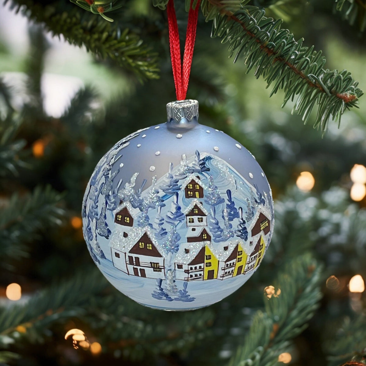 Weihnachtskugel «Winterliche Schweiz», hellblau, mundgeblasenes Glas, handbemalt