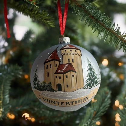 Weihnachtskugel «Winterthur Schloss», hellblau, mundgeblasenes Glas, handbemalt
