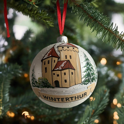 Weihnachtskugel «Winterthur Schloss», weiss, mundgeblasenes Glas, handbemalt