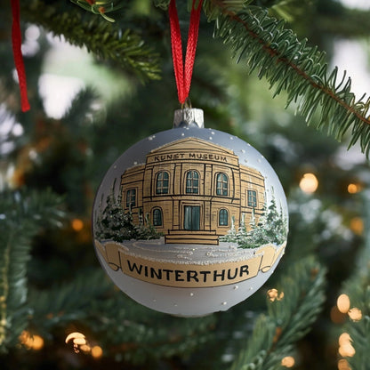 Weihnachtskugel «Winterthur Kunst Museum», hellblau, mundgeblasenes Glas, handbemalt