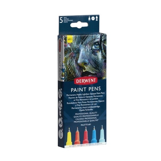 Derwent Paint Pen Set No. 1 Lemon Yellow Scarlet Red Primary Red Ocean Blue Mint Green