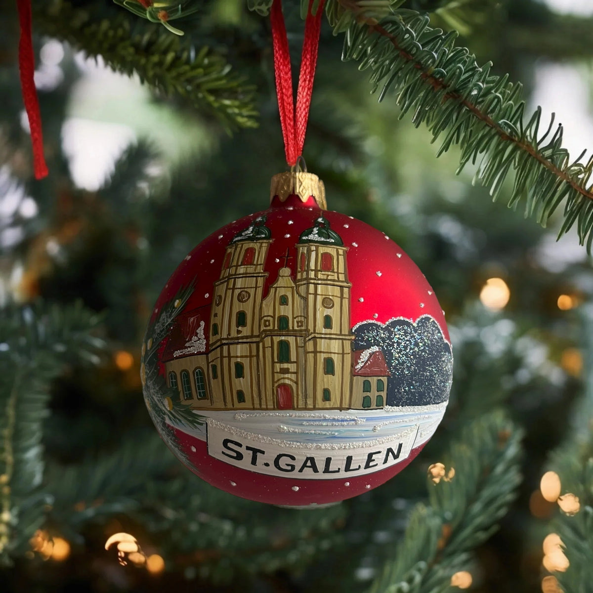 Weihnachtskugel «St. Gallen», rot, mundgeblasenes Glas, handbemalt