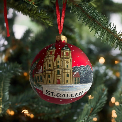 Weihnachtskugel «St. Gallen», rot, mundgeblasenes Glas, handbemalt