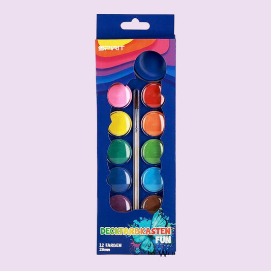 Deckfarbkasten in stabiler Kunststoffbox mit Wasserbehälter , 12 Farben,