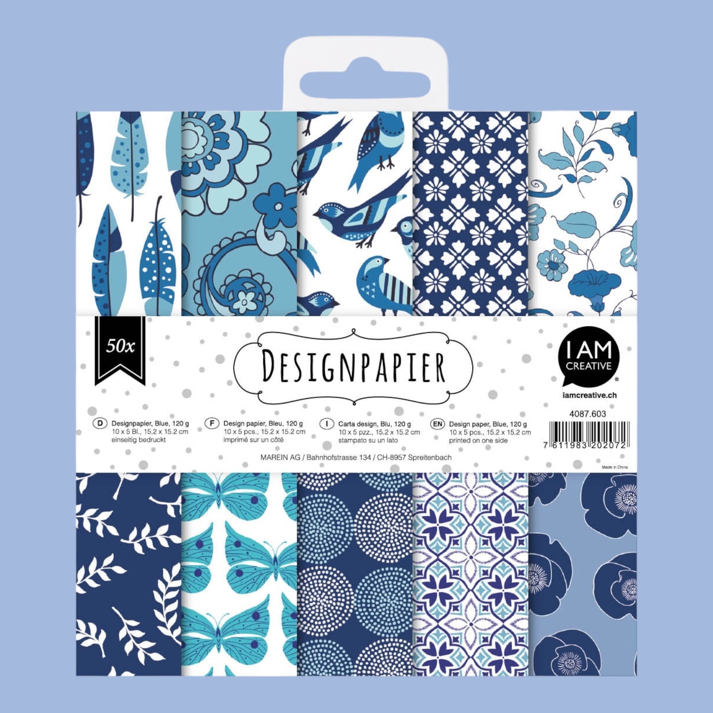 I am Creative. Ensemble de Papier Design Bleu I 10 Designs / 15,2 x 15,2 cm / 50 Stk.