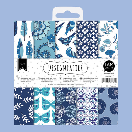 I am Creative. Ensemble de Papier Design Bleu I 10 Designs / 15,2 x 15,2 cm / 50 Stk.