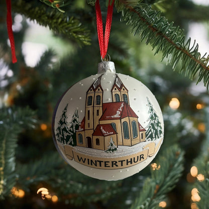 Weihnachtskugel «Winterthur Kirche», weiss, mundgeblasenes Glas, handbemalt