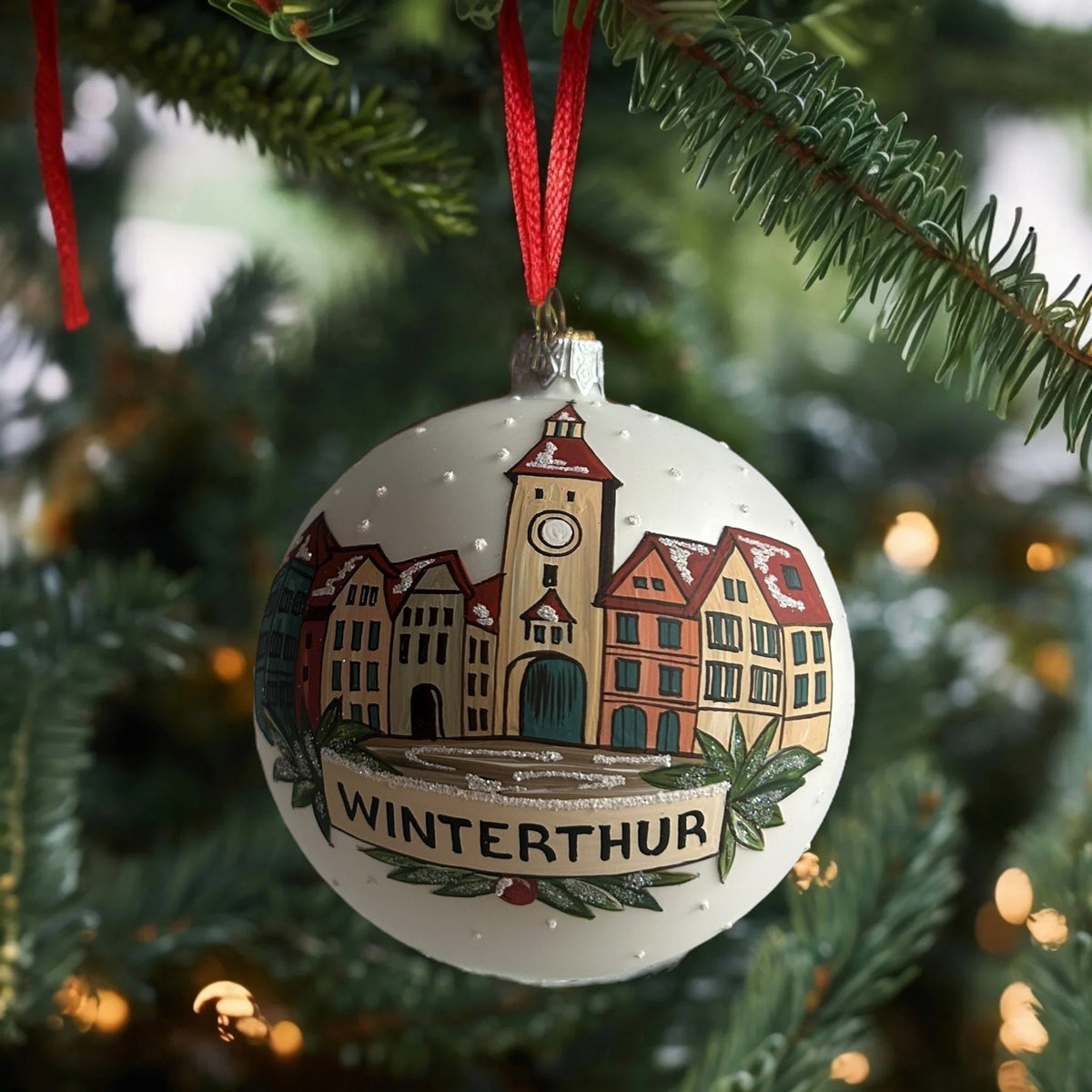 Weihnachtskugel «Winterthur», weiss, mundgeblasenes Glas, handbemalt