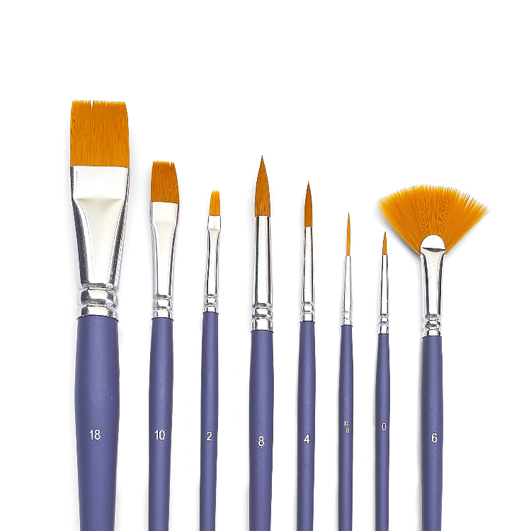 Pébéo Set of 8 Brushes Gold Polyamide Fiber Flat No. 2.10, 18 Round No. 0, 4, 8.10/0 Fan Brush No. 6