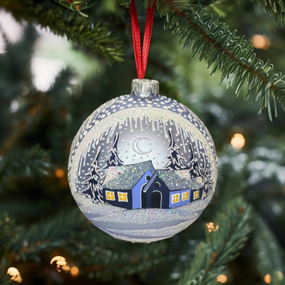 Weihnachtskugel «Winterabend», hellblau, mundgeblasenes Glas, handbemalt