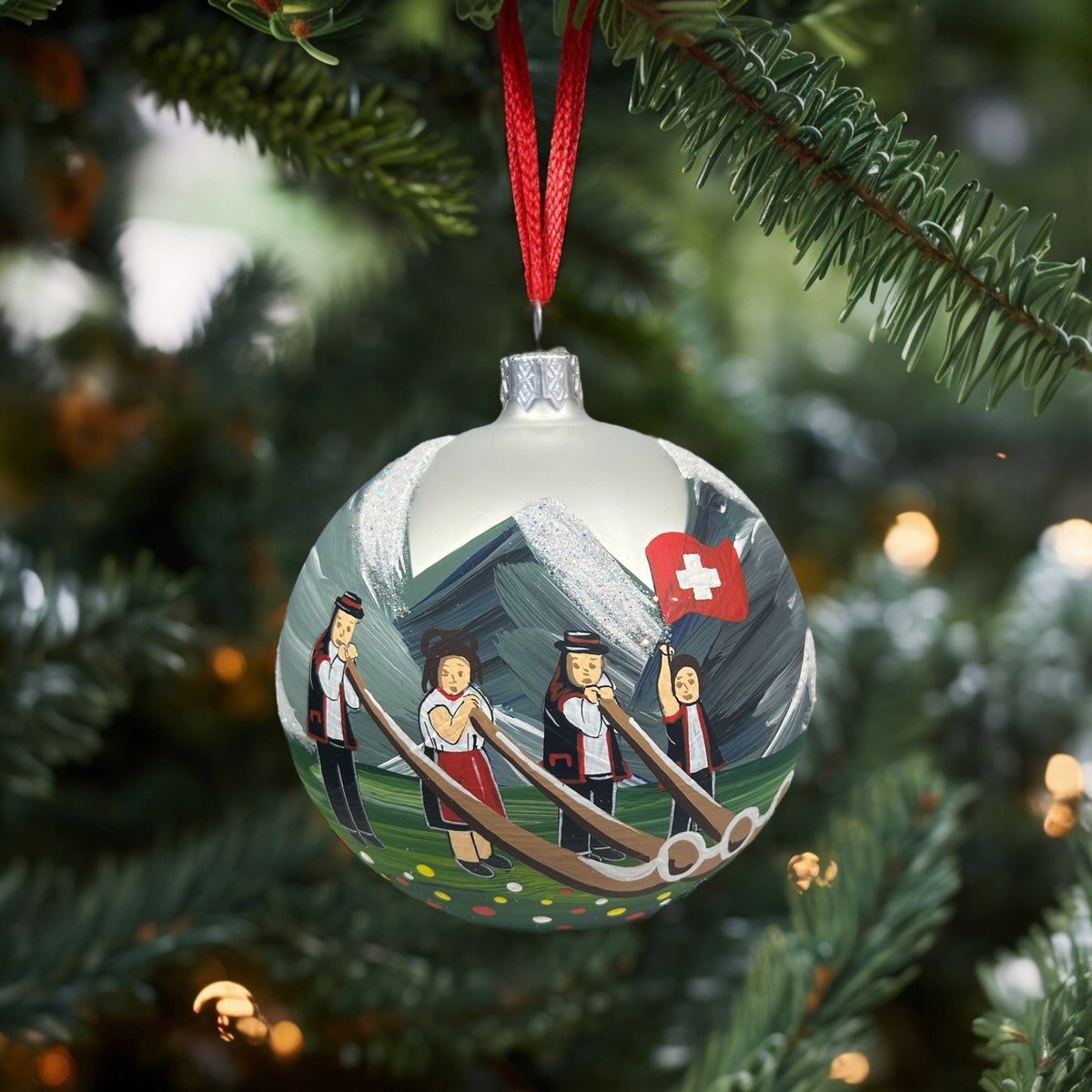 Weihnachtskugel «Alphorn Musik», weiss, mundgeblasenes Glas, handbemalt