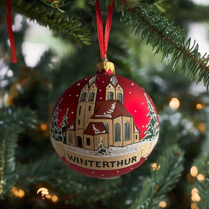 Weihnachtskugel «Winterthur Kirche», rot, mundgeblasenes Glas, handbemalt