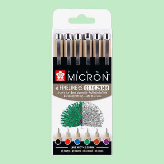 Sakura Fineliner Pigma Micron Lightfast, Waterproof, Color and Document Fast, Pack of 6