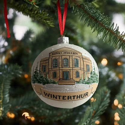 Weihnachtskugel «Winterthur Kunst Museum», weiss, mundgeblasenes Glas, handbemalt
