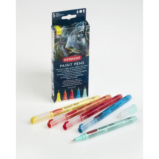 Derwent Paint Pen Set No. 1 Lemon Yellow Scarlet Red Primary Red Ocean Blue Mint Green